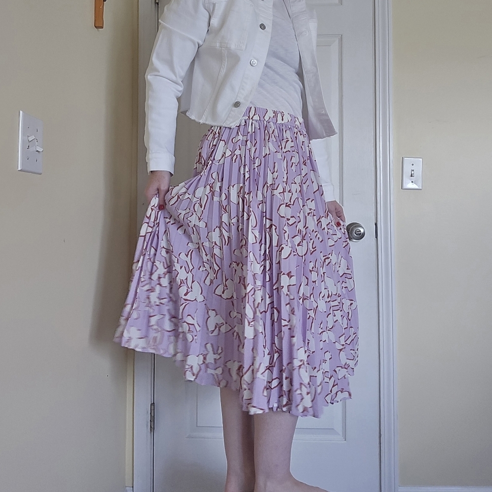 Halogen Pleated Purple Floral Midi Skirt Large Pull On Waistband NEW - Picture 3 of 5